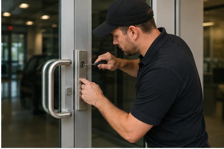 Locksmith technician servicing a commercial glass storefront door lock