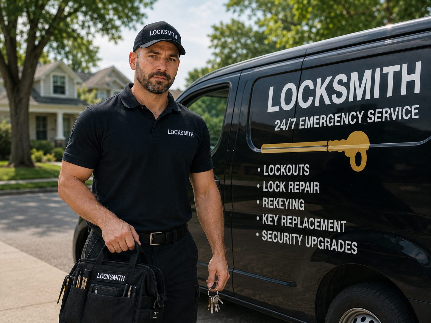 LucKey Locksmith technician with a marked service van offering 24/7 emergency locksmith service in Jacksonville