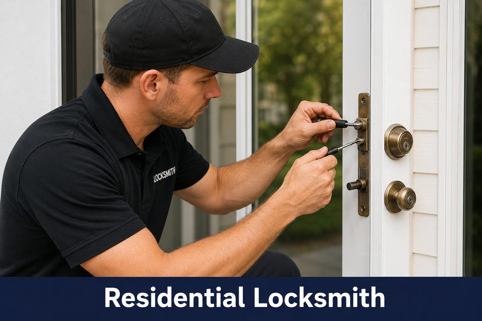 Locksmith technician installing a residential deadbolt on a front door in Jacksonville
